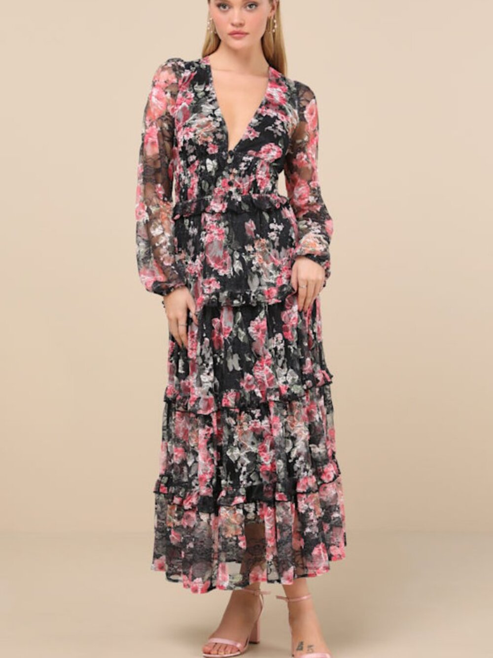 NWT Lulus Kingsly Black Floral Lace Long Sleeve Tiered Midi Dress - Size M